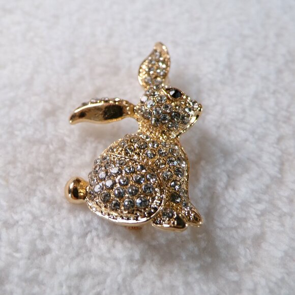 Lovely Rhinestone Rabbit Gold Brooch 2 1/4" - Picture 7 of 10